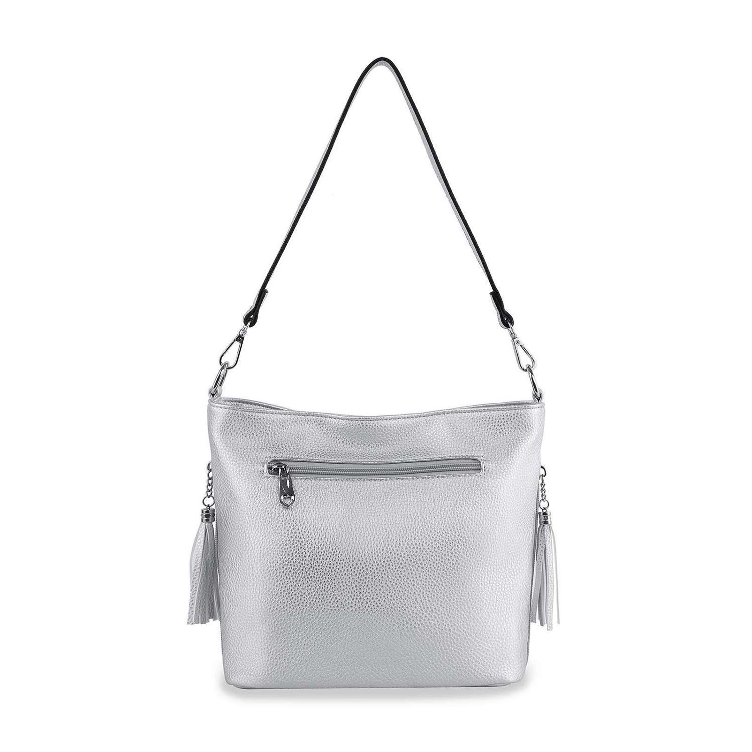 The Glamorous Rhinestone Hobo Crossbody Sling is a silver faux leather bag with a black strap, front zippered pocket, tassel accents, textured finish, and a sleek modern design.