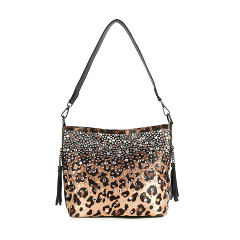 The Glamorous Rhinestone Hobo Crossbody Sling features a leopard print with black and brown spots, silver studs on the upper half, a black shoulder strap, and black tassel accents on each side.