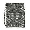 The *New Size* Rhinestone Covered Petite Crossbody Sling is a small black rectangular bag featuring rhinestone embellishments, a silver chain strap woven with black, and metal eyelets at the top corners.