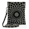 The Rhinestone Design Ultra Petite Crossbody Sling is a small black faux leather bag with a sunburst rhinestone pattern and a black-and-silver chain strap attached to metal rings on each side.