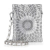 The Rhinestone Design Ultra Petite Crossbody Sling is a small silver faux leather bag decorated with circular rhinestones and features a silver chain strap attached to metal rings at the top corners.