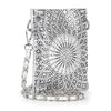 The Rhinestone Design Ultra Petite Crossbody Sling is a small rectangular silver purse featuring a sunburst rhinestone pattern, silver chain strap, and sturdy metal rings. Its ultra petite size dazzles with a glamorous, sparkling look.