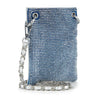 The Rhinestone Bling Petite Crossbody Sling is a blue faux leather bag adorned with rows of sparkling rhinestones, silver-tone grommets, and a silver chain strap for stylish shine.