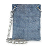 The Rhinestone Bling Petite Crossbody Sling is a small rectangular blue bag adorned with silver rhinestones, featuring a silver chain strap threaded with matching blue fabric and detailed with silver grommets at the top corners.