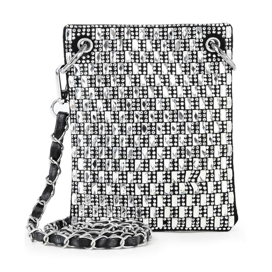 The Petite Rhinestone Bling Crossbody Sling features a black and silver checkered pattern with studs and rhinestones, plus a stylish chain and leather strap.