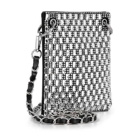 The Petite Rhinestone Bling Crossbody Sling is a small rectangular bag covered in silver rhinestones, featuring a long silver chain strap and grommet details at the top corners. The bag stands upright against a white background.