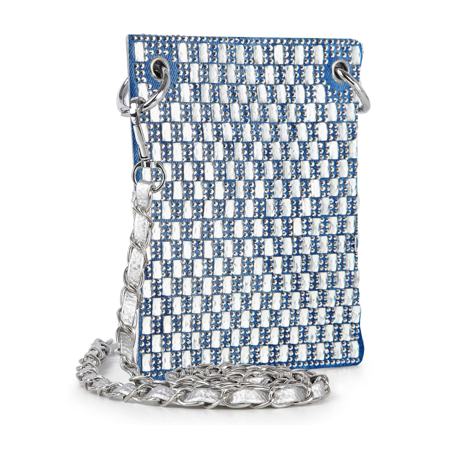 The Petite Rhinestone Bling Crossbody Sling is a small rectangular handbag with a blue and silver checkered pattern, large silver grommets, a silver chain strap, and shiny woven metallic accents for extra sparkle.