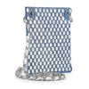 The Petite Rhinestone Bling Crossbody Sling is a small rectangular handbag with a blue and silver checkered pattern, large silver grommets, a silver chain strap, and shiny woven metallic accents for extra sparkle.