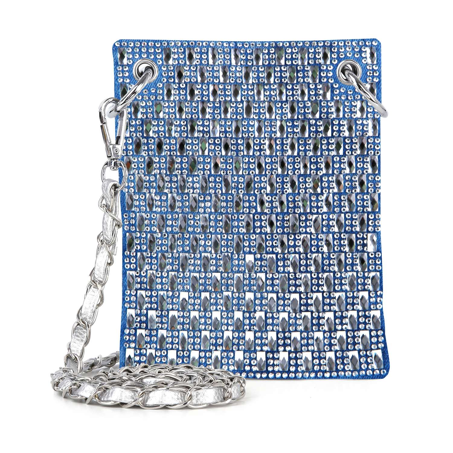 The Petite Rhinestone Bling Crossbody Sling is a square, blue bag covered in sparkling sequins, featuring silver grommets at the top corners and a chunky silver chain strap.