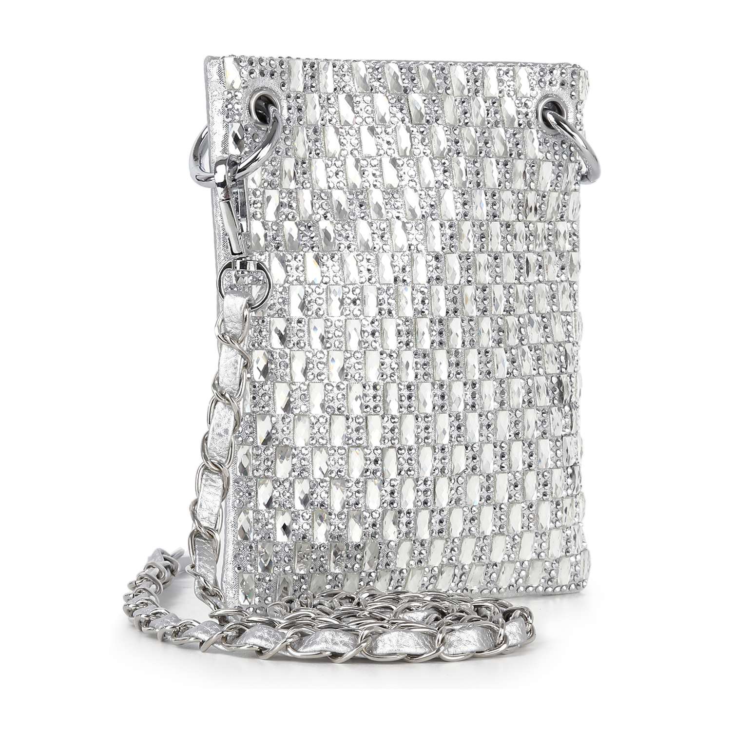 The Petite Rhinestone Bling Crossbody Sling is a compact silver clutch with a textured interwoven design, sparkling rhinestones, and a chunky silver chain strap.