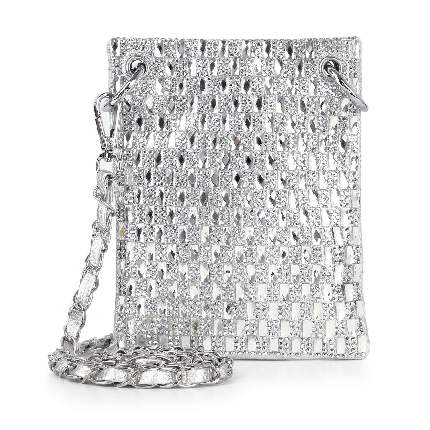 The Petite Rhinestone Bling Crossbody Sling is a small, rectangular silver bag with a sparkling geometric rhinestone pattern, large silver grommets, and a detachable metal chain strap for versatile styling.