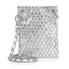 The Petite Rhinestone Bling Crossbody Sling is a small, rectangular silver bag with a sparkling geometric rhinestone pattern, large silver grommets, and a detachable metal chain strap for versatile styling.