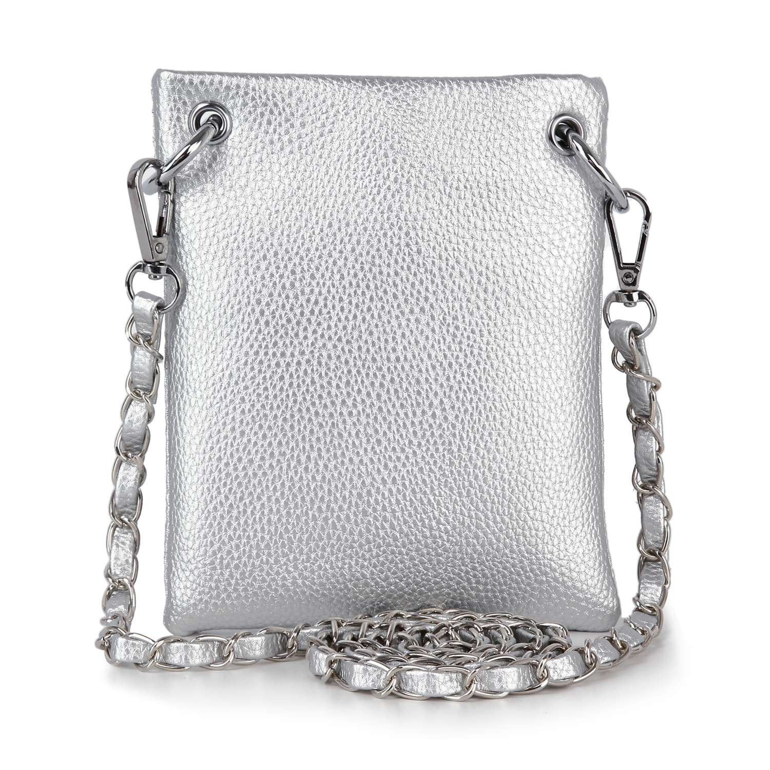 The Petite Rhinestone Bling Crossbody Sling is a small, rectangular silver bag with a textured rhinestone surface and a chain strap threaded with matching material, shown against a white background.