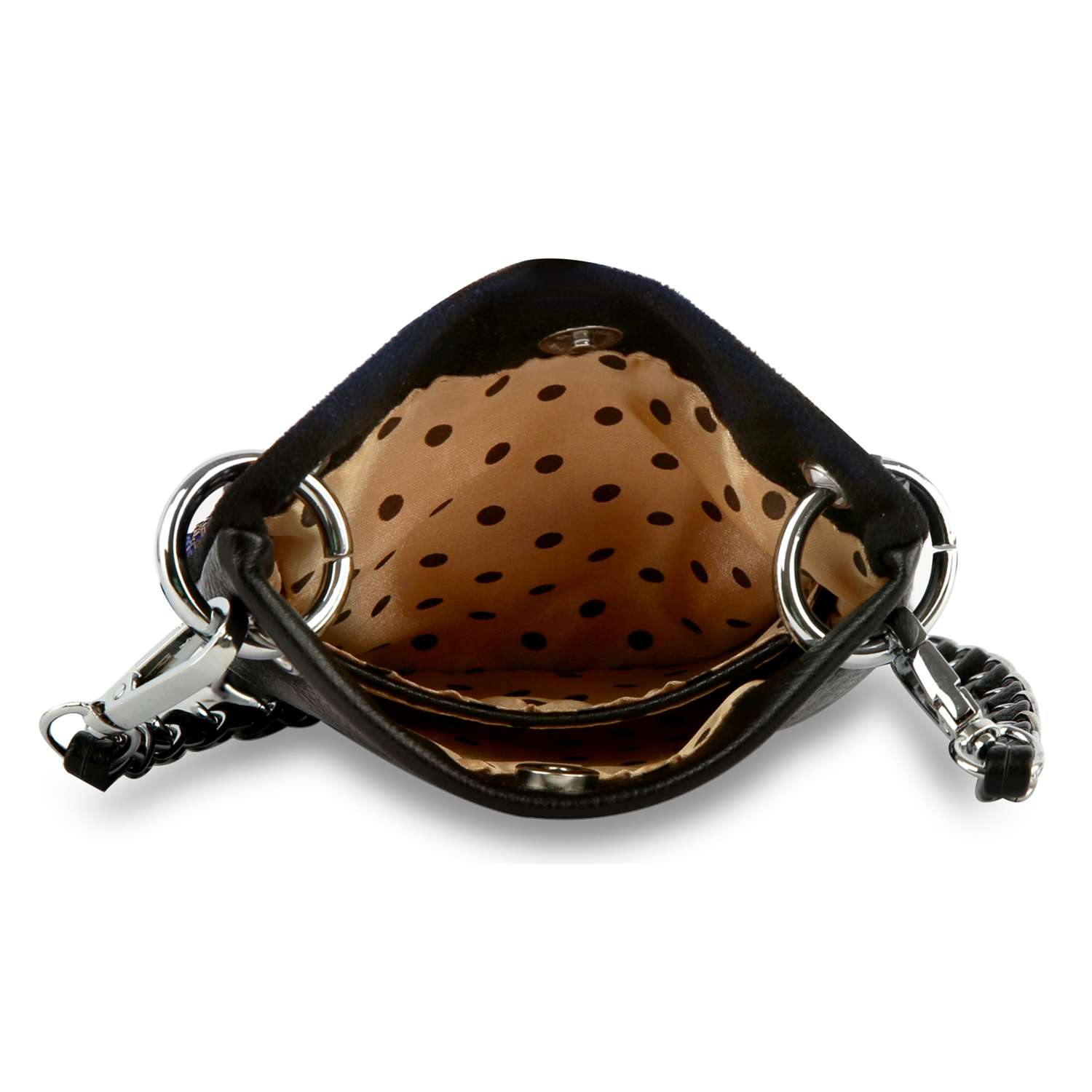 The Red Wine Glass Petite Crossbody Sling is open, showing its brown polka dot fabric lining and interior pockets.