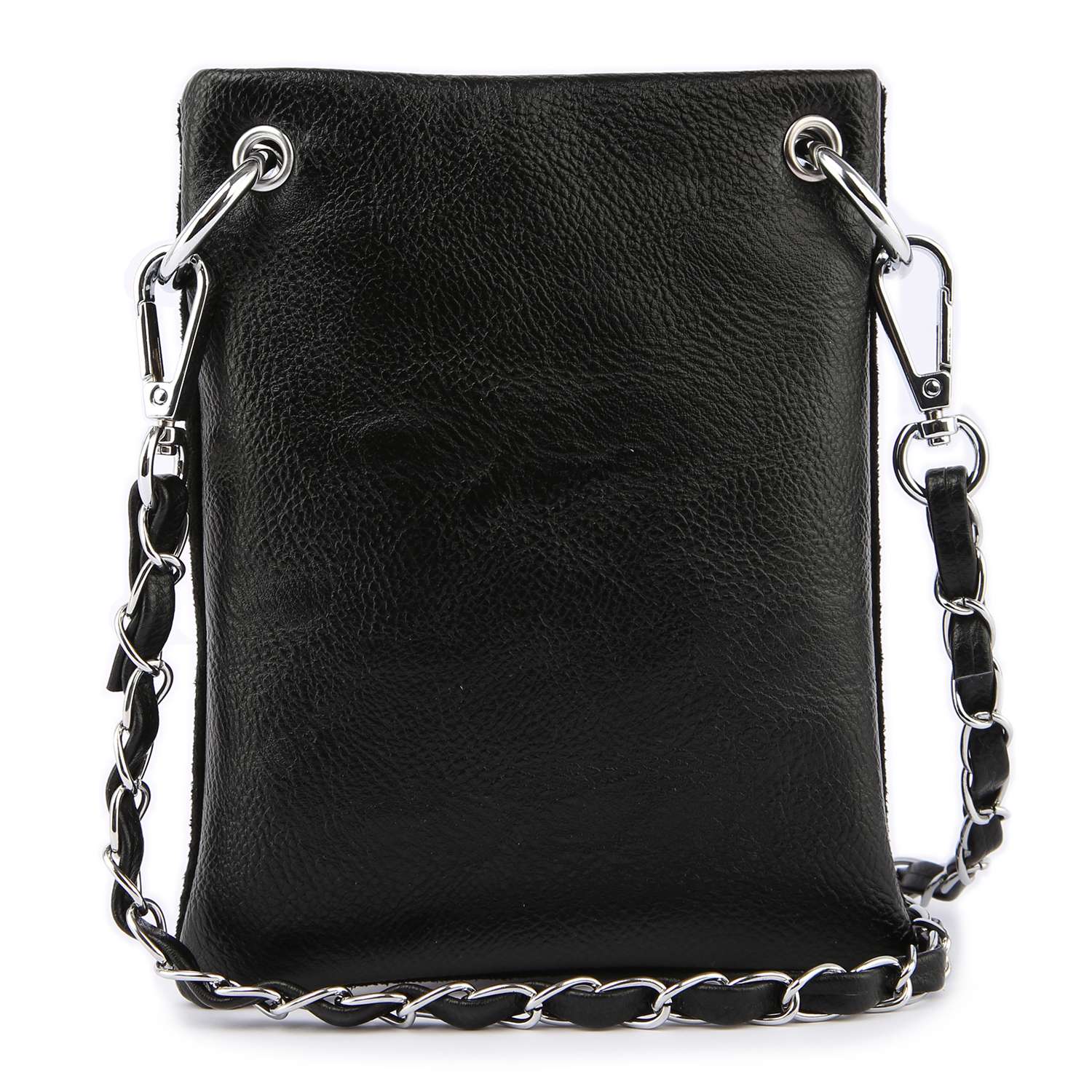 The Red Wine Glass Petite Crossbody Sling is a small faux leather bag with a silver chain strap and silver clasps attached to metal rings on the top corners, shown against a white background.