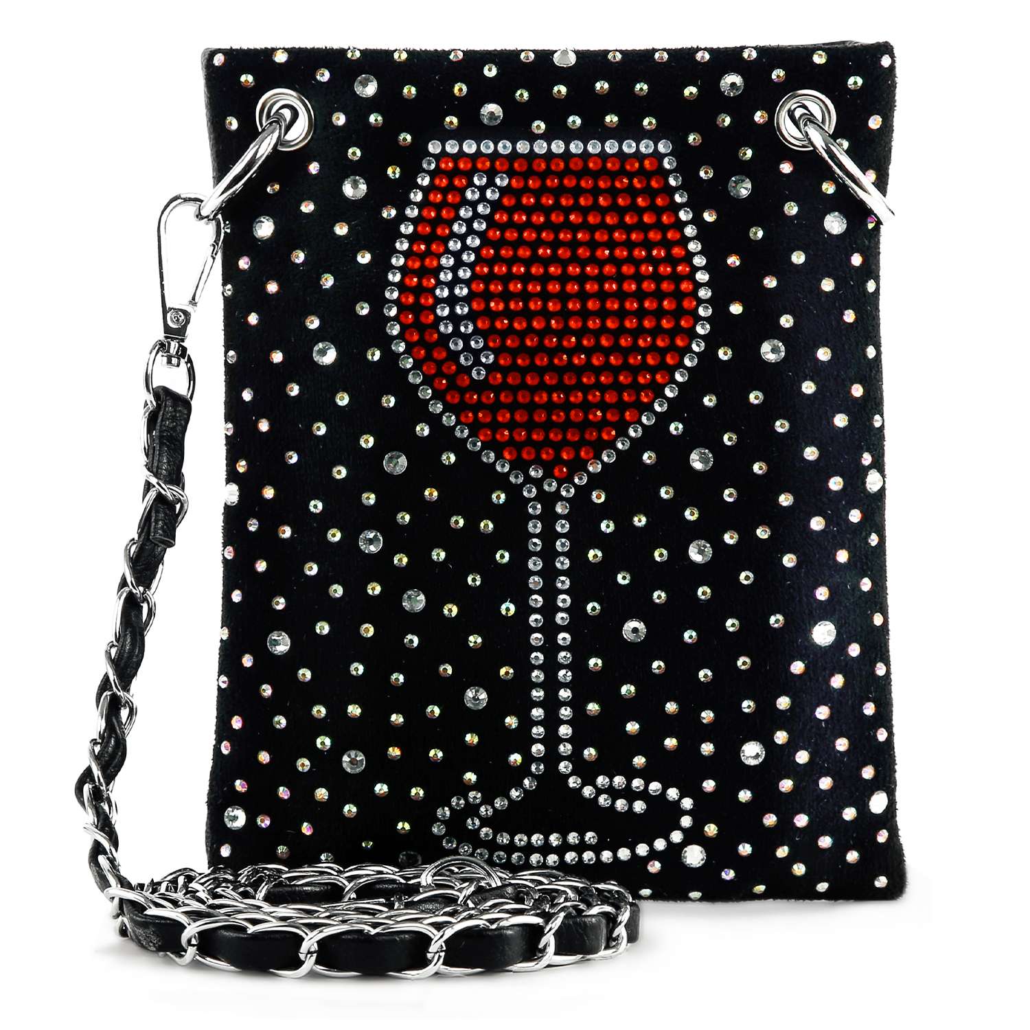 The Red Wine Glass Petite Crossbody Sling is a small faux leather handbag with a chain strap, adorned with rhinestones in the shape of a red wine glass and dots—perfect for adding sparkle to special occasions.