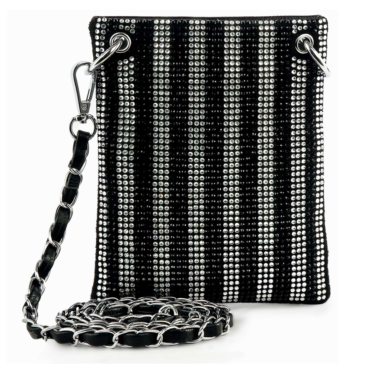 A stylish small accessory, the Striped Rhinestone Petite Crossbody Sling features a rectangular black faux leather design with vertical rhinestone stripes, metal eyelets on top, and a detachable chain strap woven with black leather.