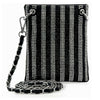 A stylish small accessory, the Striped Rhinestone Petite Crossbody Sling features a rectangular black faux leather design with vertical rhinestone stripes, metal eyelets on top, and a detachable chain strap woven with black leather.