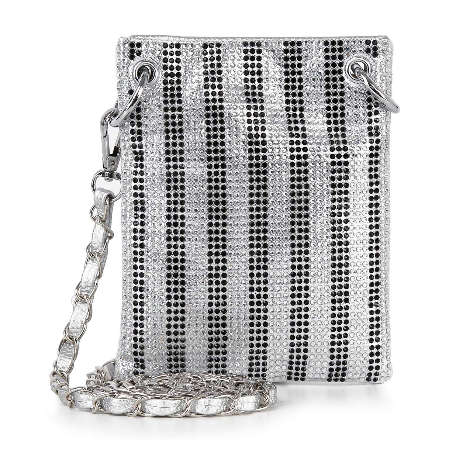 A chic accessory, the Striped Rhinestone Petite Crossbody Sling features a silver chain strap and vertical rows of black and silver rhinestones on luxe faux leather for added elegance.