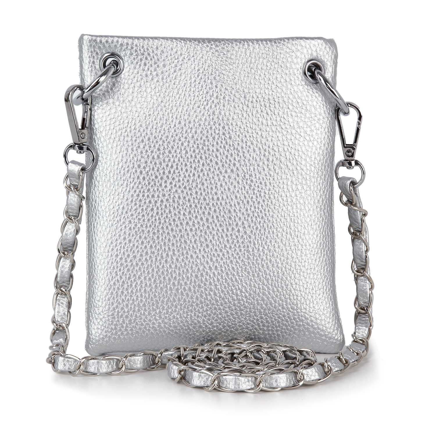 The Striped Rhinestone Petite Crossbody Sling is a small rectangular silver metallic bag with a textured surface, detailed with a chain strap featuring clear segments and silver clasps—a chic accessory for any outing.
