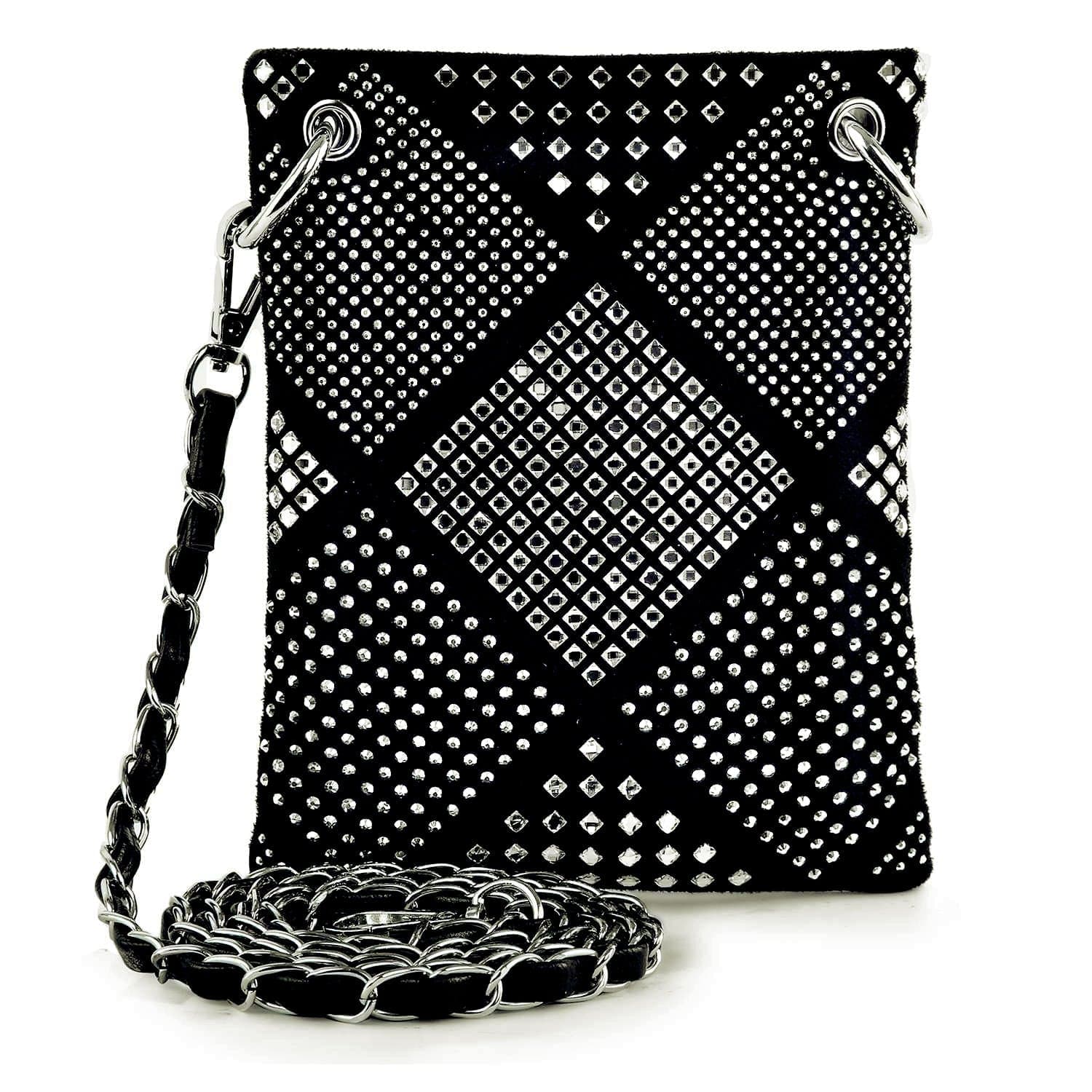 The Diamond Design Petite Crossbody Sling is a black rhinestone bag featuring a silver chain strap and decorated with silver studs and crystals in geometric square and diamond patterns on the front.
