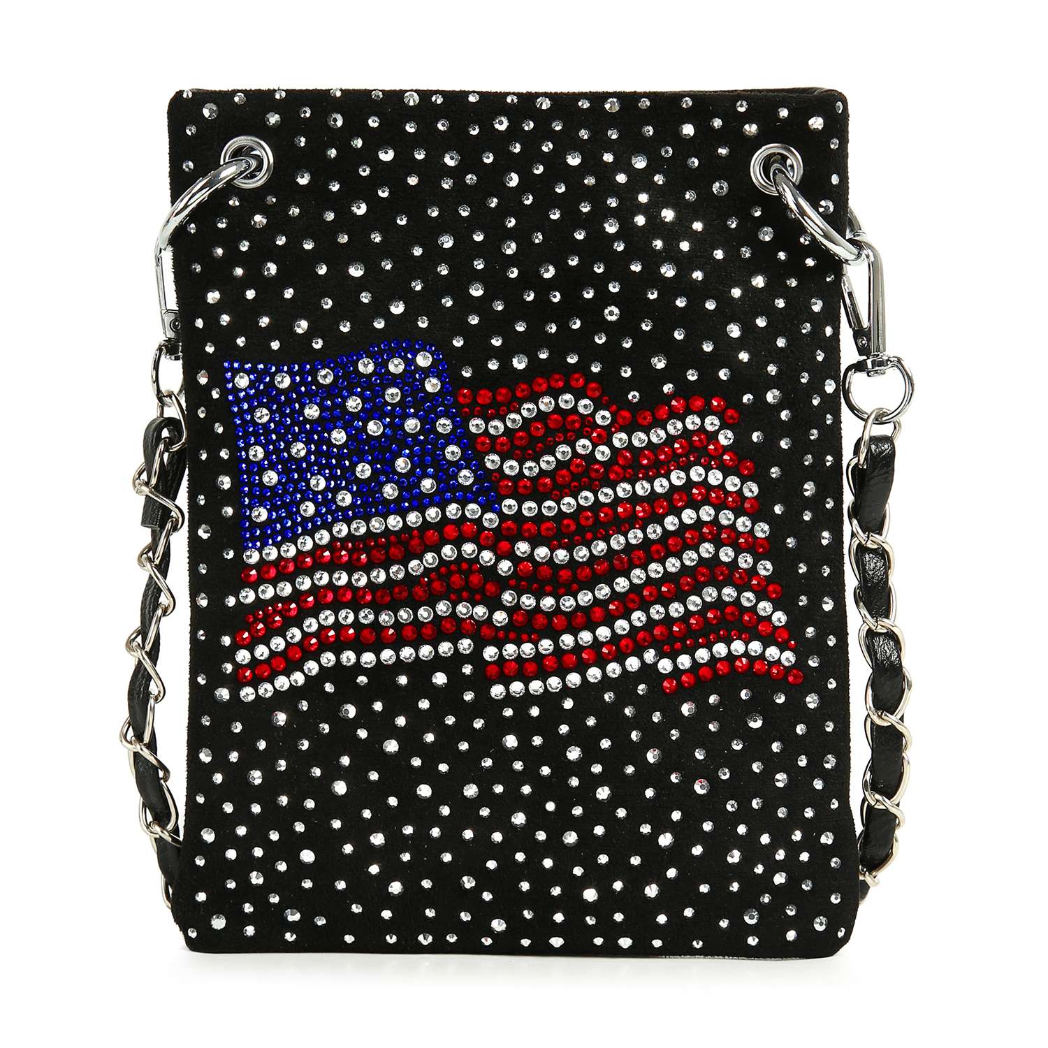 The *New Size* Petite Rhinestone Bling Flag Crossbody Sling is a small faux leather purse with silver studs, a rhinestone American flag design, and a chain strap for a chic patriotic look.
