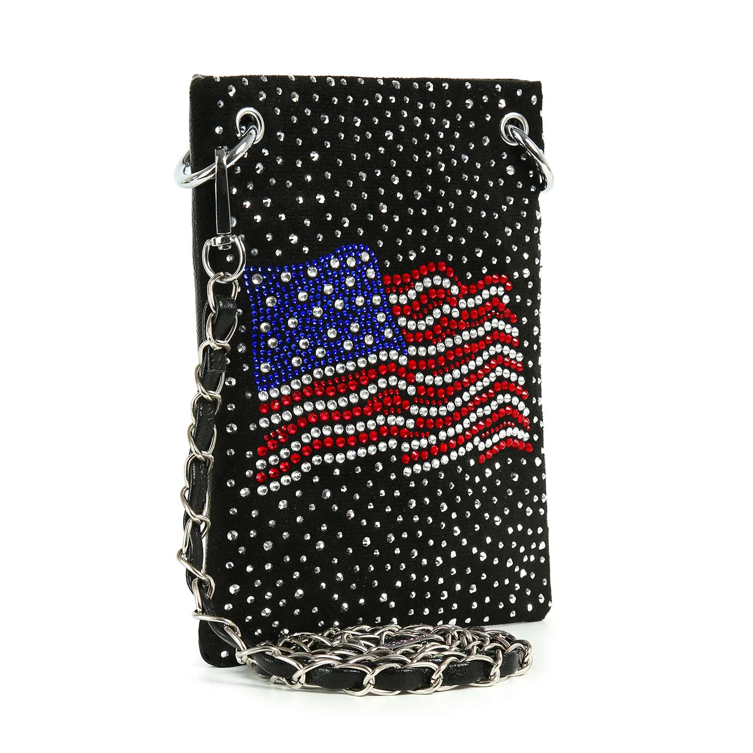 The *New Size* Petite Rhinestone Bling Flag Crossbody Sling is a small faux leather purse with silver studs, a sparkling rhinestone American flag design, and a chic silver chain strap.