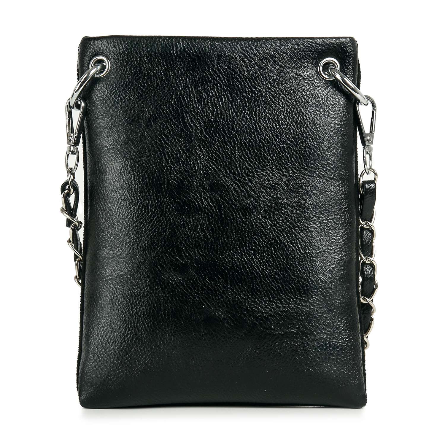 The *New Size* Petite Rhinestone Bling Flag Crossbody Sling is a small faux leather purse in black with silver chain straps and metal eyelets at the top corners, shown against a white background.