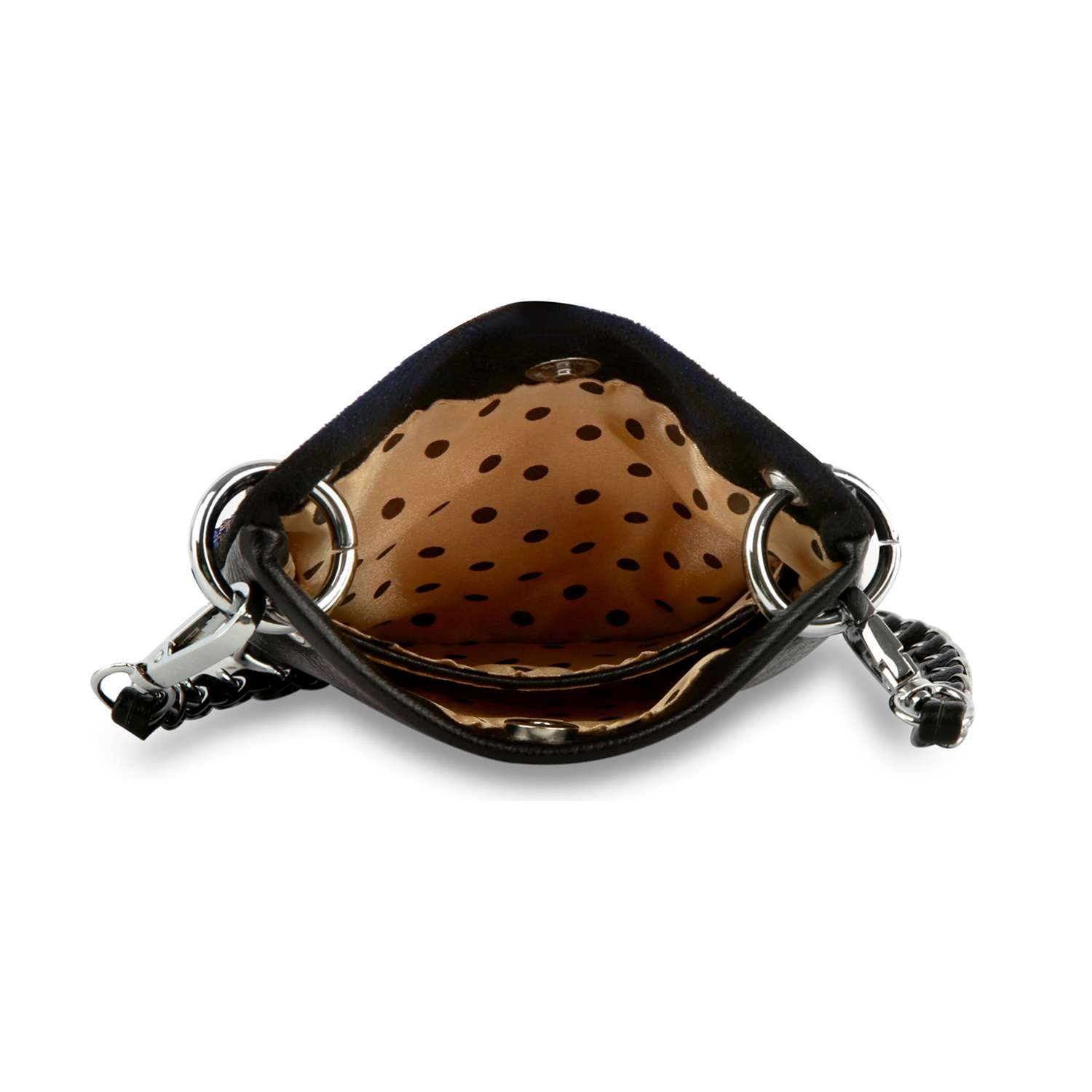 The *New Size* Petite Rhinestone Bling Flag Crossbody Sling is an open small faux leather purse with a silver chain strap, featuring a tan interior lining with black polka dots.