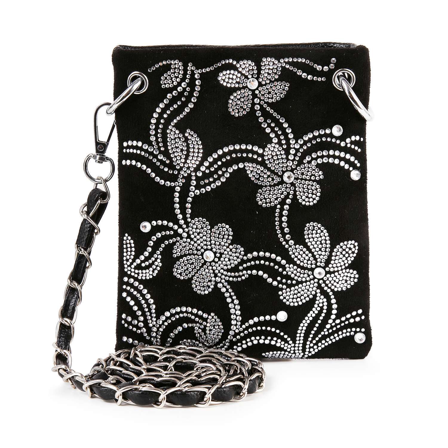 The Floral Rhinestone Design Petite Crossbody Sling is a black velvet bag with a silver chain strap, adorned with sparkling rhinestone floral patterns and swirls.