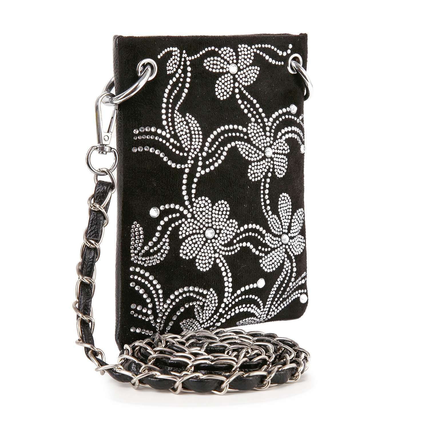 The Floral Rhinestone Design Petite Crossbody Sling features black faux leather, silver chain strap, rhinestone floral patterns, and silver studs—perfect for carrying your essentials.