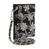 The Floral Rhinestone Design Petite Crossbody Sling features black faux leather, silver chain strap, rhinestone floral patterns, and silver studs—perfect for carrying your essentials.