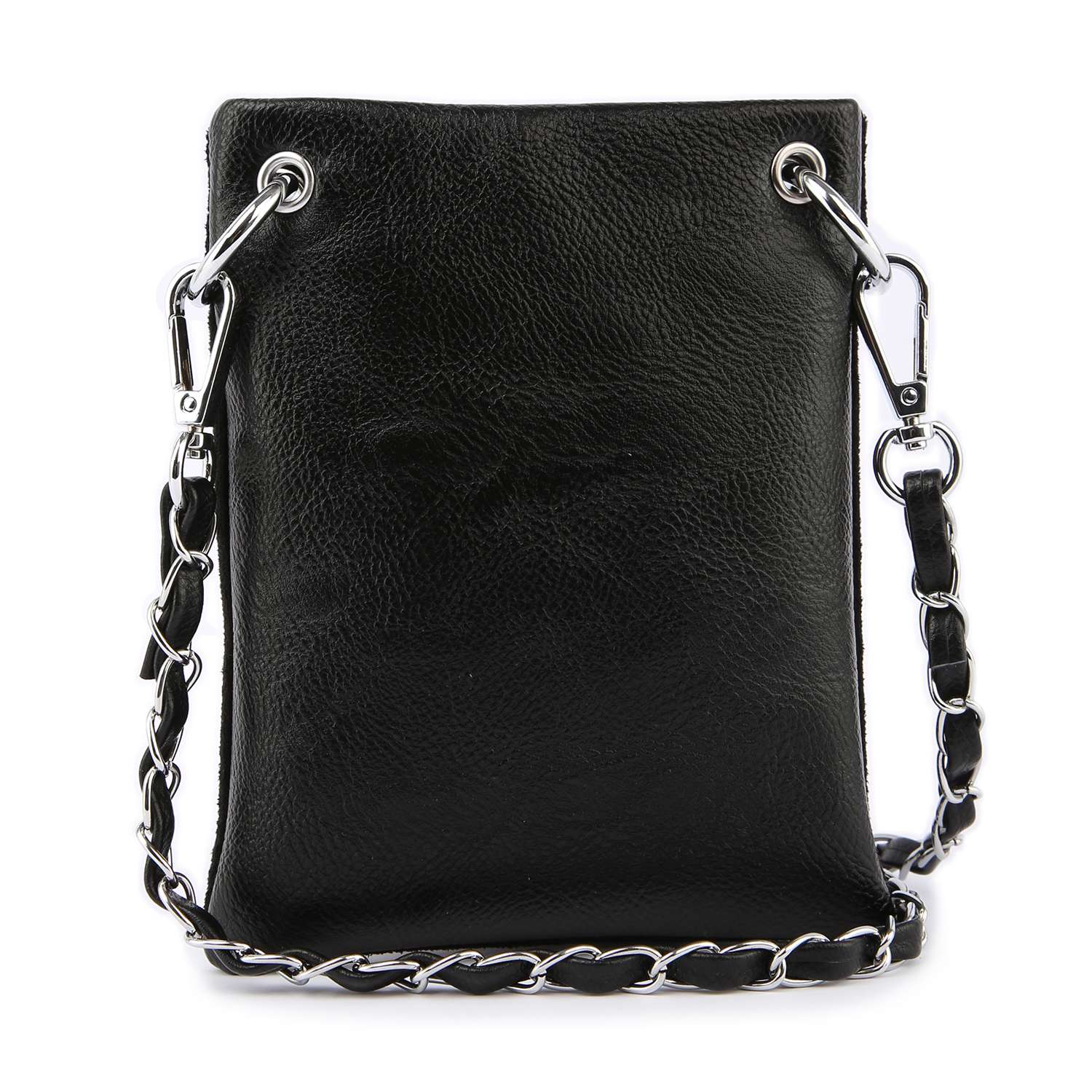 The Floral Rhinestone Design Petite Crossbody Sling features sleek black faux leather, a chain strap with silver hardware, two metal grommets at the top, and a simple modern look.