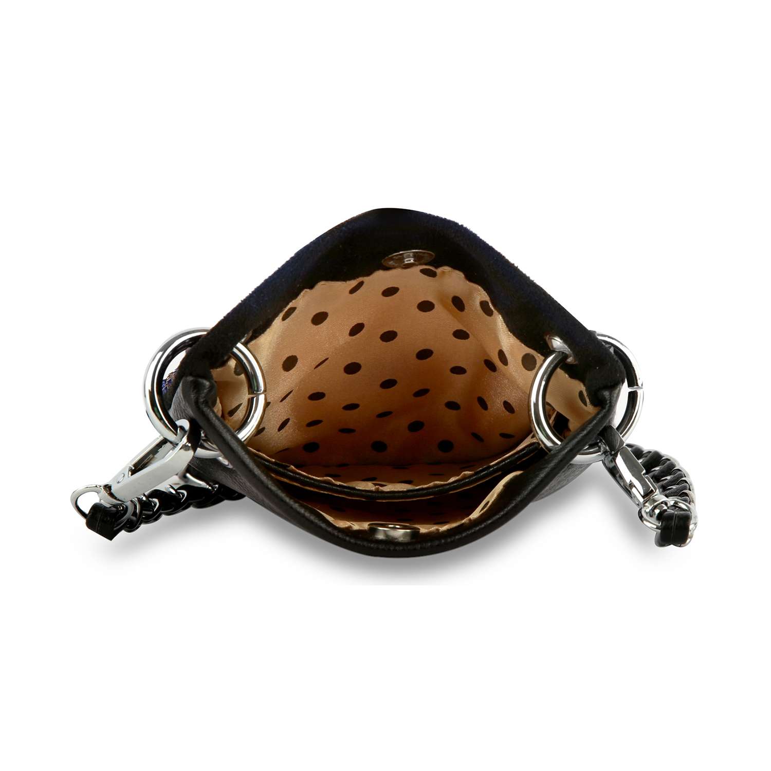 Open the Floral Rhinestone Design Petite Crossbody Sling, featuring a faux leather exterior, tan polka dot interior, silver rings, and black chain strap on the sides.