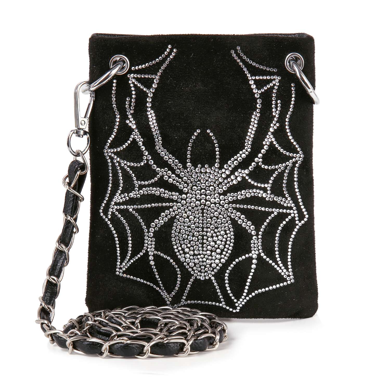 The Rhinestone Spider Web Design Petite Crossbody Sling is a black faux leather purse adorned with silver studs in a spider web pattern and features a silver chain strap looped in front.