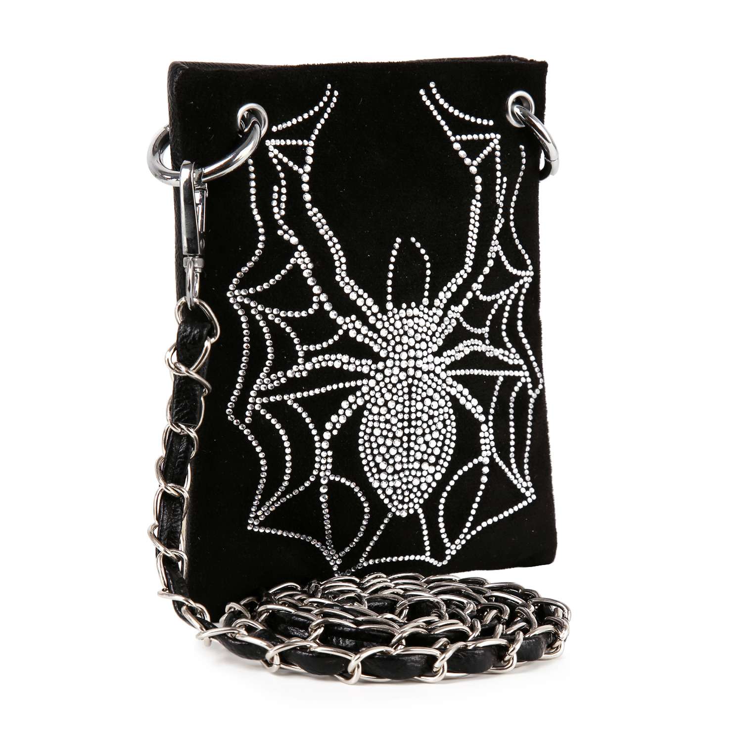 The Rhinestone Spider Web Design Petite Crossbody Sling is a black velvet handbag with a silver chain strap and sparkling rhinestones in a spider web pattern, ideal for adding shimmer to your outfit.