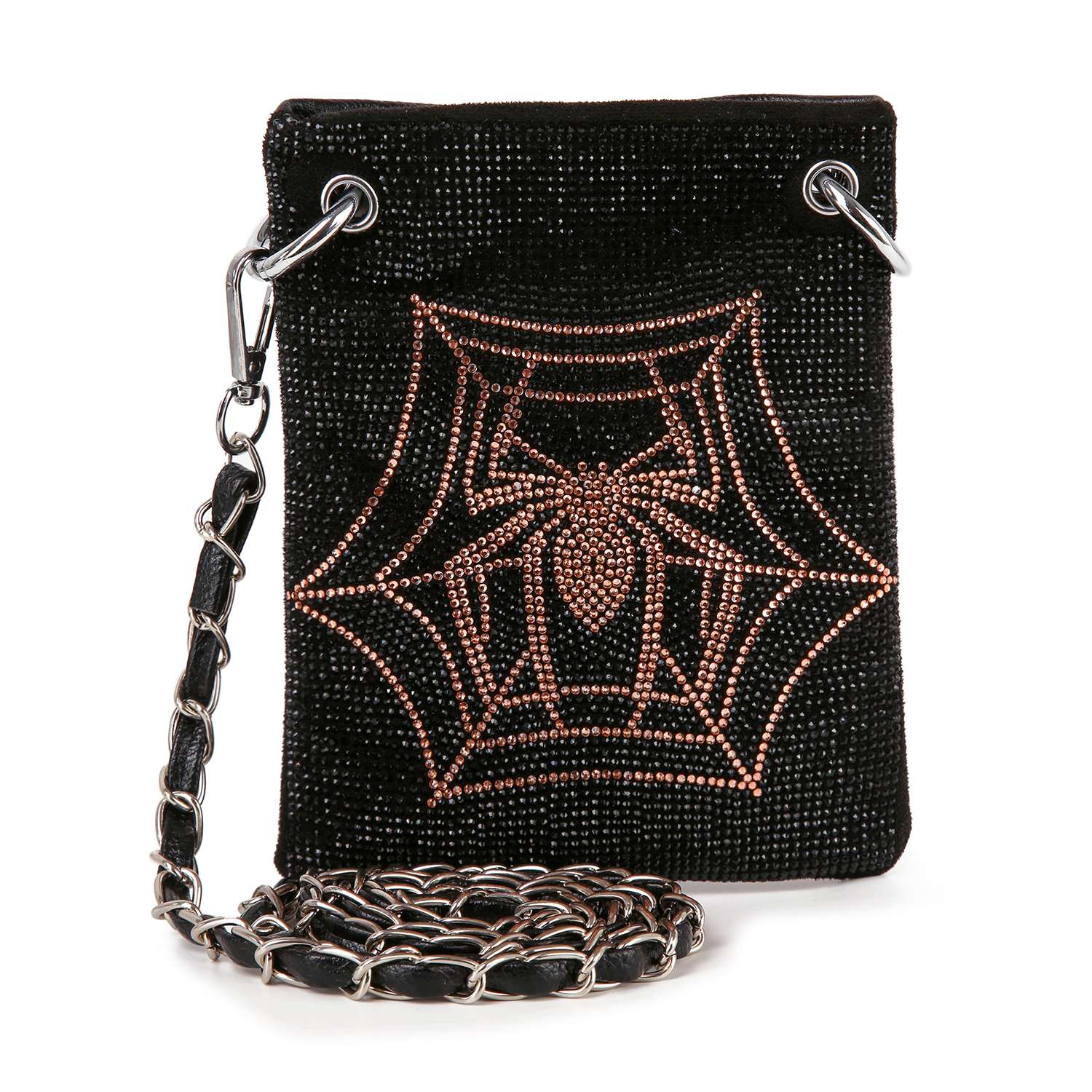 The Rhinetone Spider Web Design Petite Crossbody Sling is a small faux leather purse with a silver chain strap, featuring a sparkling copper rhinestone spiderweb and spider design on the front.