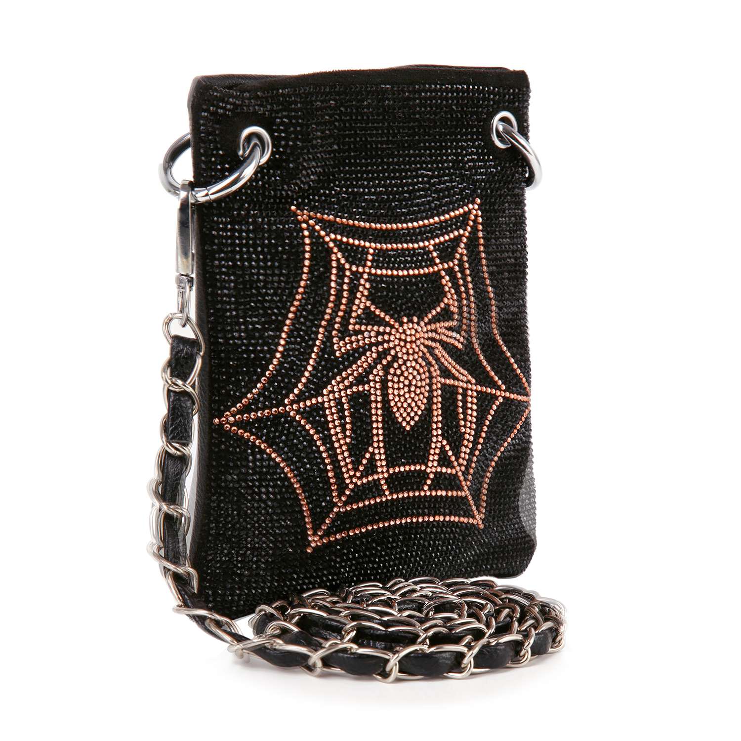 The Rhinetone Spider Web Design Petite Crossbody Sling is a black-beaded bag with a silver chain strap, featuring a sparkling gold spider and web motif on the front.