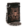 The Rhinetone Spider Web Design Petite Crossbody Sling is a black-beaded bag with a silver chain strap, featuring a sparkling gold spider and web motif on the front.