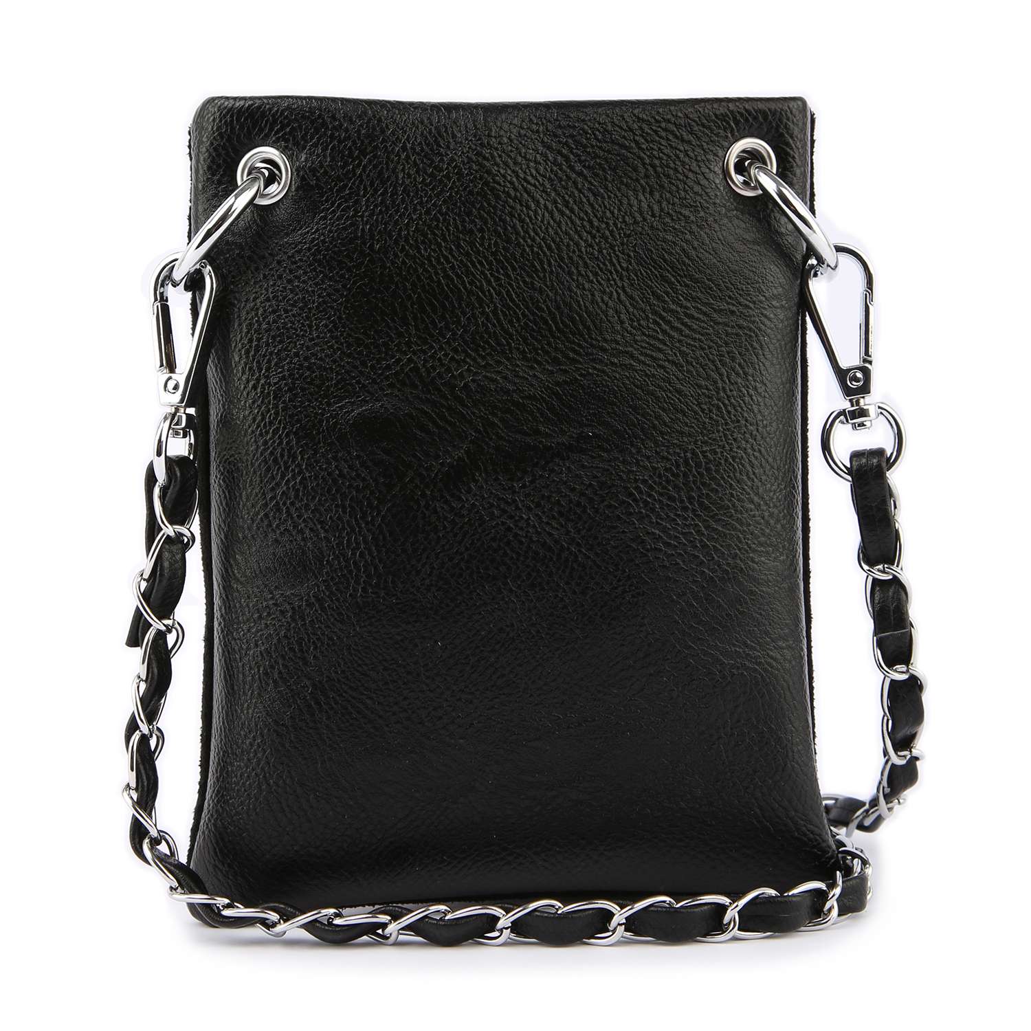 The Rhinetone Spider Web Design Petite Crossbody Sling is a black leather bag with a silver chain-and-leather strap and silver clip attachments at the top corners, shown against a white background.