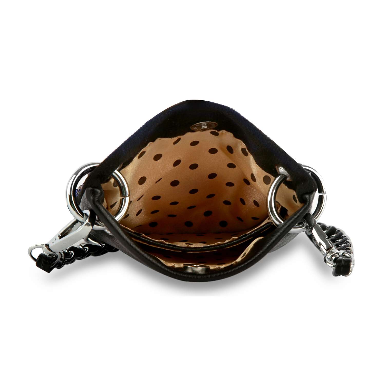 Open Rhinetone Spider Web Design Petite Crossbody Sling featuring a beige polka dot interior lining, silver hardware, and a partially visible chain strap on the sides.