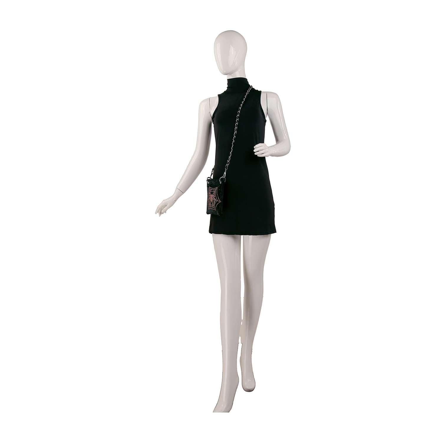 A mannequin in a sleeveless, high-neck black mini dress carries the Rhinestone Spider Web Design Petite Crossbody Sling against a plain white background.