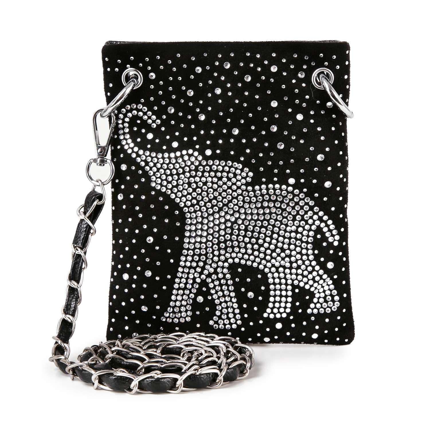 The Rhinestone Elephant Design Petite Crossbody Sling is a black faux leather bag with a silver chain strap, featuring sparkling rhinestones forming an elephant and dotted accents on the front.