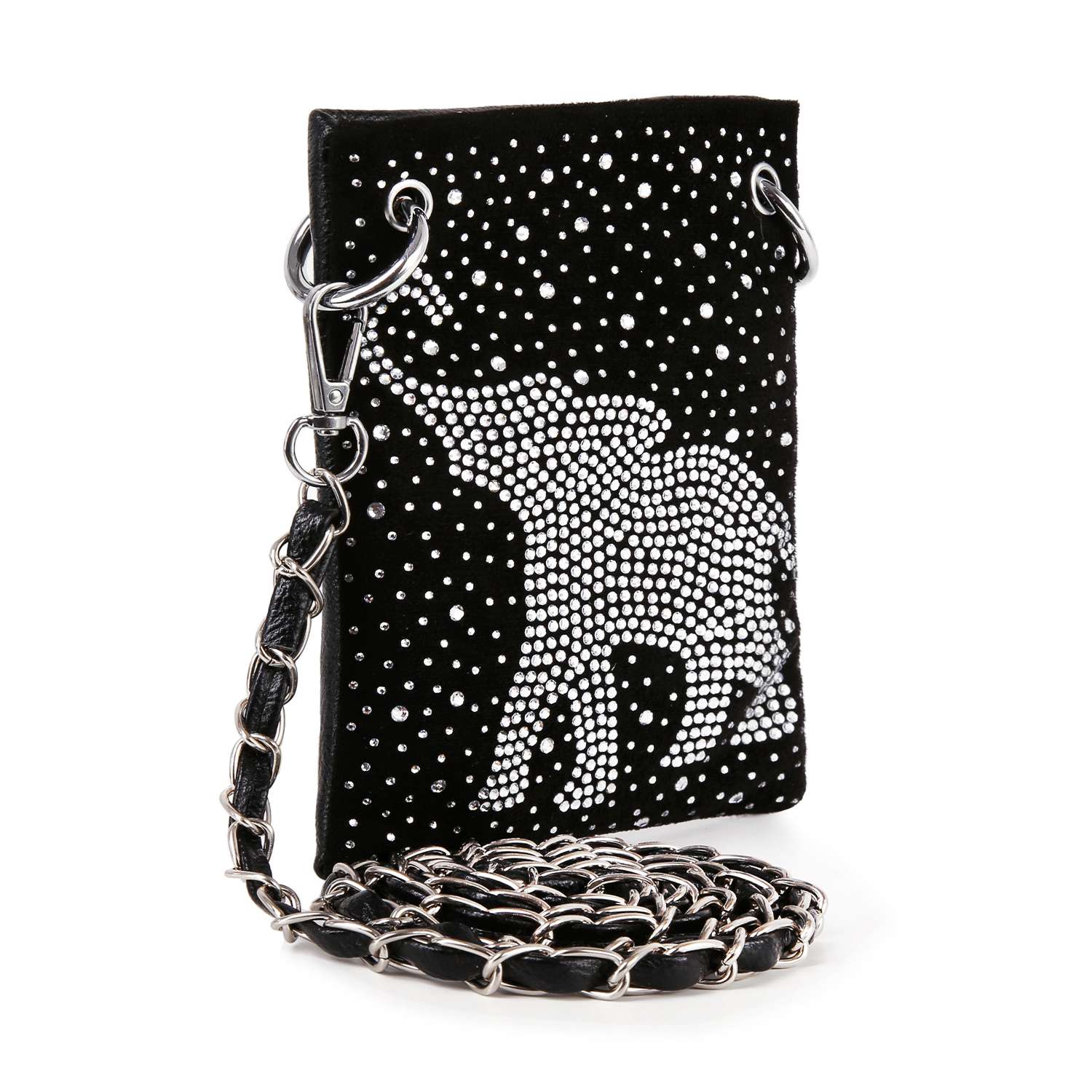 The Rhinestone Elephant Design Petite Crossbody Sling is a black faux leather bag with a silver chain strap, featuring silver rhinestones shaped like an elephant and scattered dot accents.