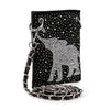 The Rhinestone Elephant Design Petite Crossbody Sling is a black faux leather bag with a silver chain strap, featuring silver rhinestones shaped like an elephant and scattered dot accents.