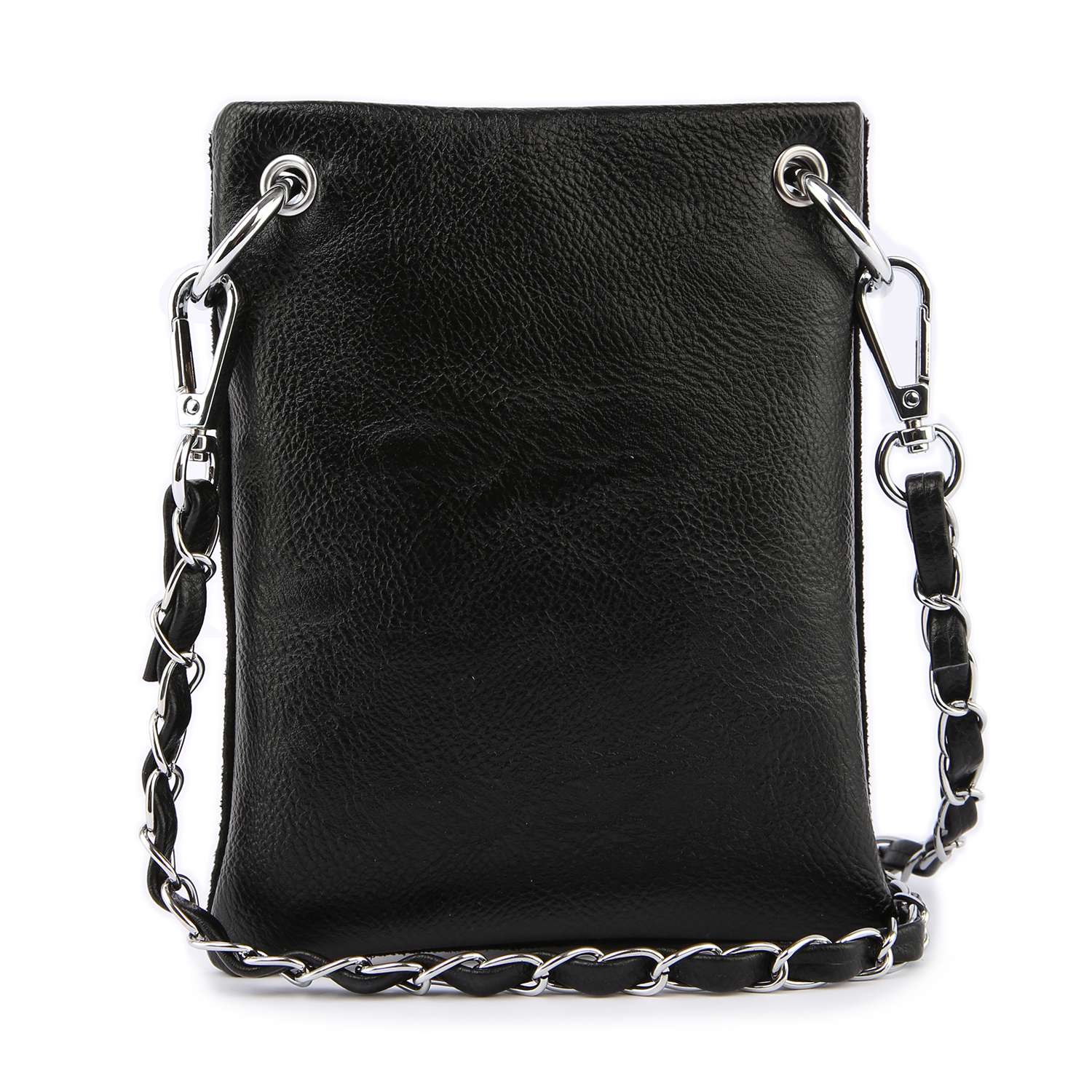 The Rhinestone Elephant Design Petite Crossbody Sling features black faux leather, a silver chain strap, and silver hardware, displayed against a plain white background.