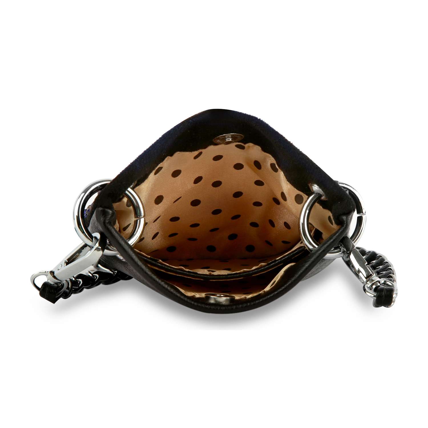 Open black Rhinestone Elephant Design Petite Crossbody Sling with silver chain straps and a beige interior lining decorated with black polka dots.