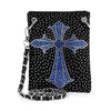 The Rhinestone Cross Ultra Petite Crossbody Sling is a black faux leather bag with small silver studs, a large blue jeweled cross on the front, and a silver chain strap interwoven with leather.