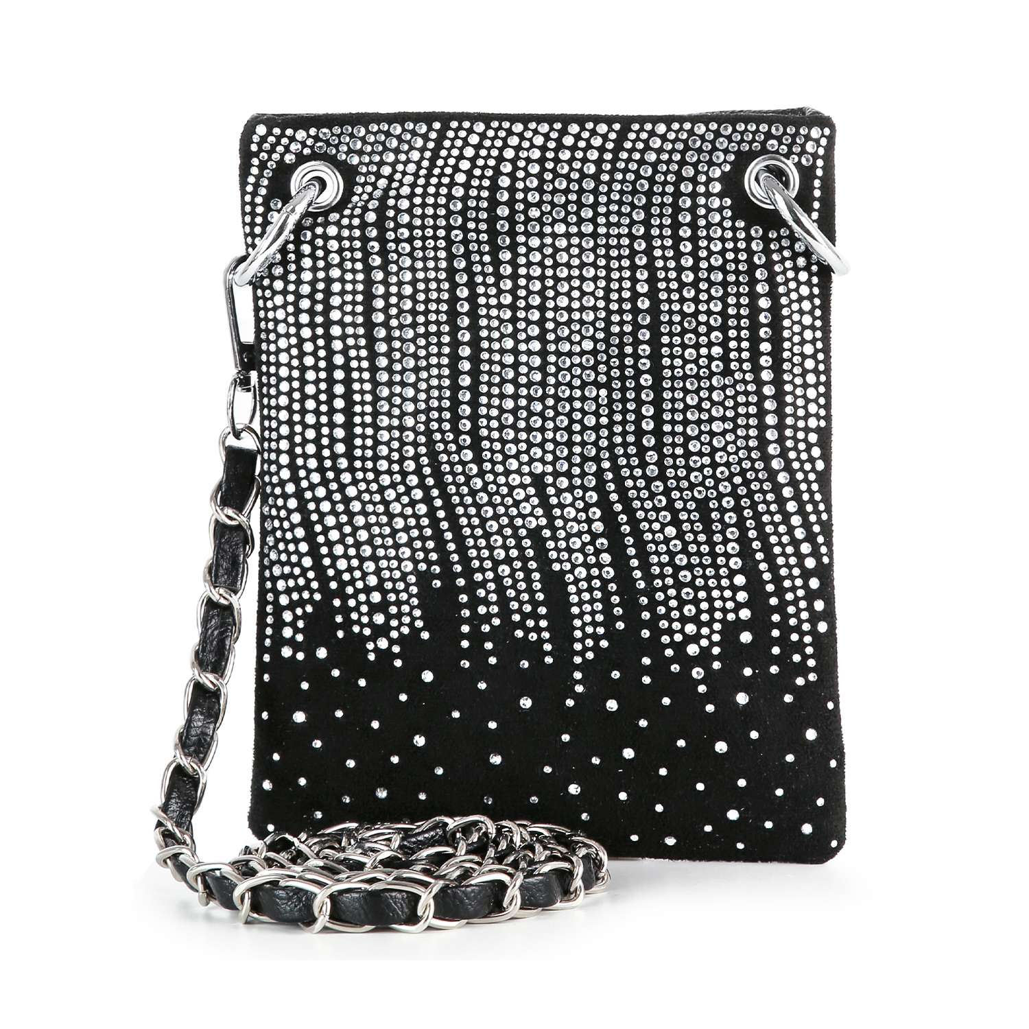The Rhinestone Design Ultra Crossbody Sling is a black rectangular faux leather bag with cascading silver rhinestones, silver grommets, and a chic chain strap interwoven with black—perfect for standout style.