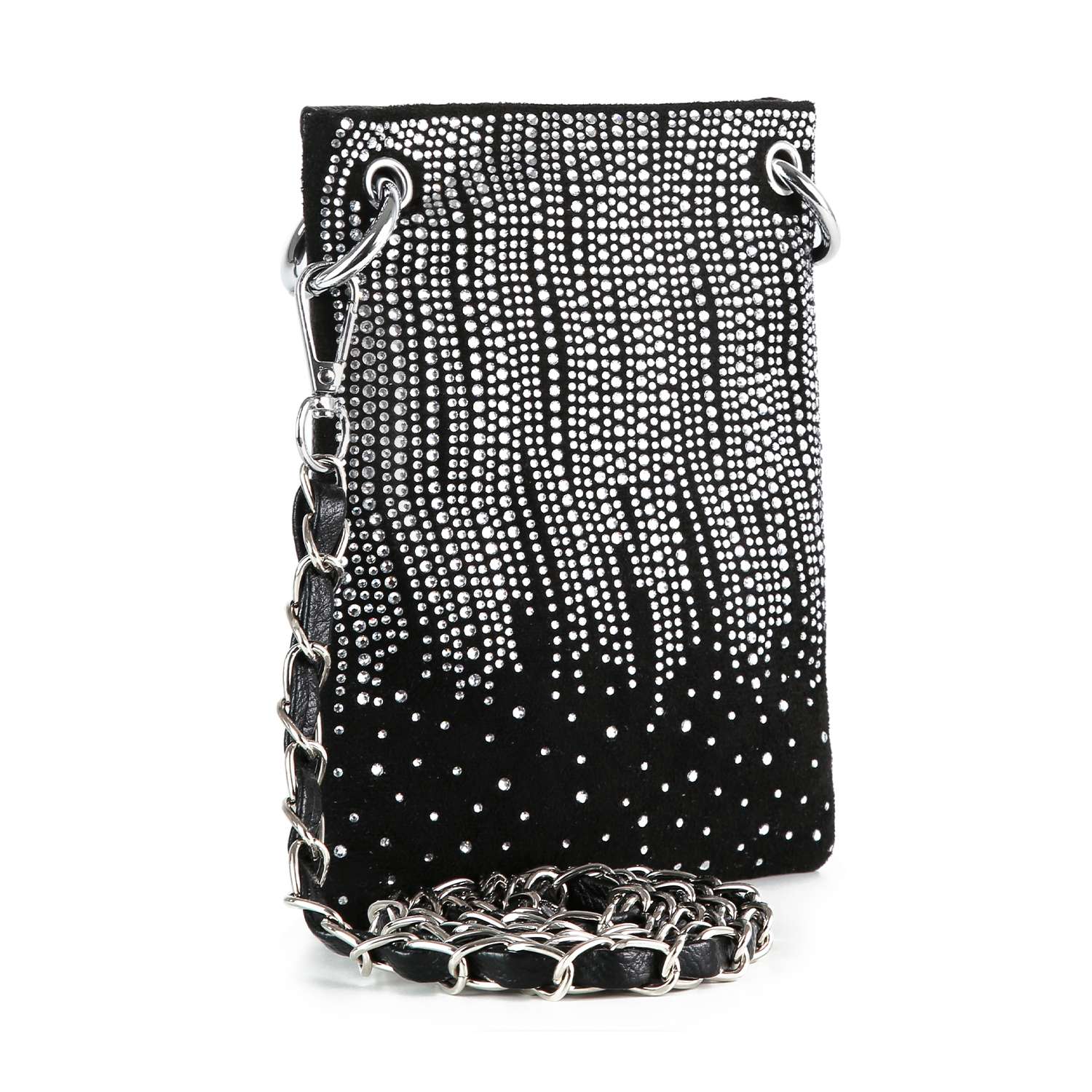 The Rhinestone Design Ultra Crossbody Sling is a petite faux leather bag with silver rhinestone studs in a cascading pattern and a silver chain strap threaded with black—an ultra-chic crossbody sling.